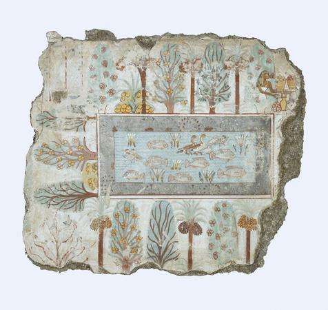 Fragment of a polychrome tomb-painting representing the pool in Nebamun's estate garden by Unknown artist