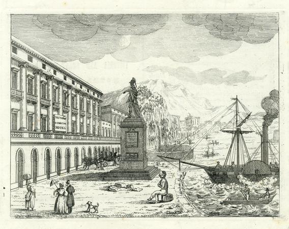 View of the hotel Victoria and Grand Britain by the port of Messina, a Roman statue in front of it, a carriage waiting outside, people walking along the promenade by Print made by: Anonymous